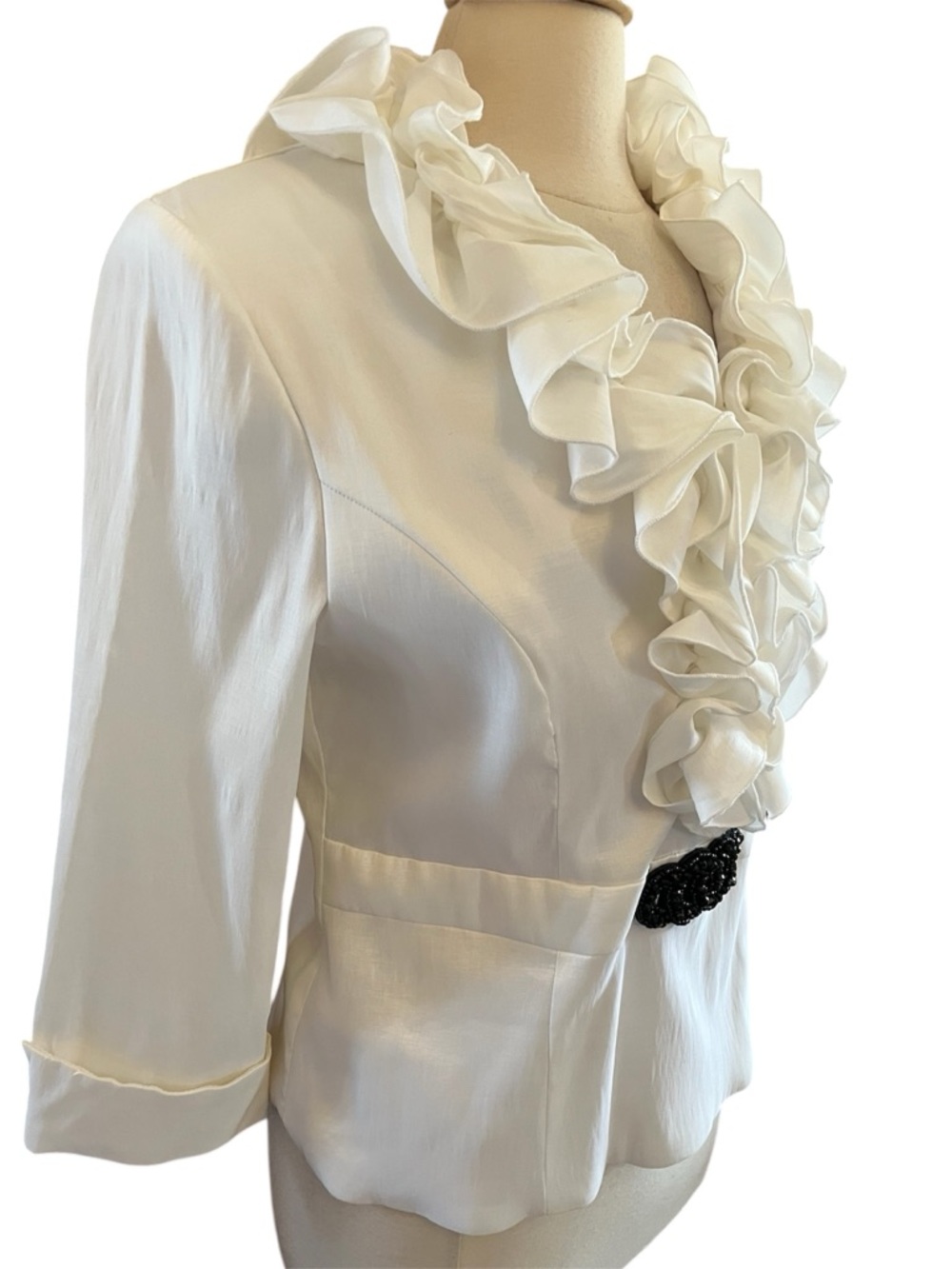 Danny Couture White V- Neck Blouse tiered ruffle collar,black jeweled buckle XL - Picture 3 of 13
